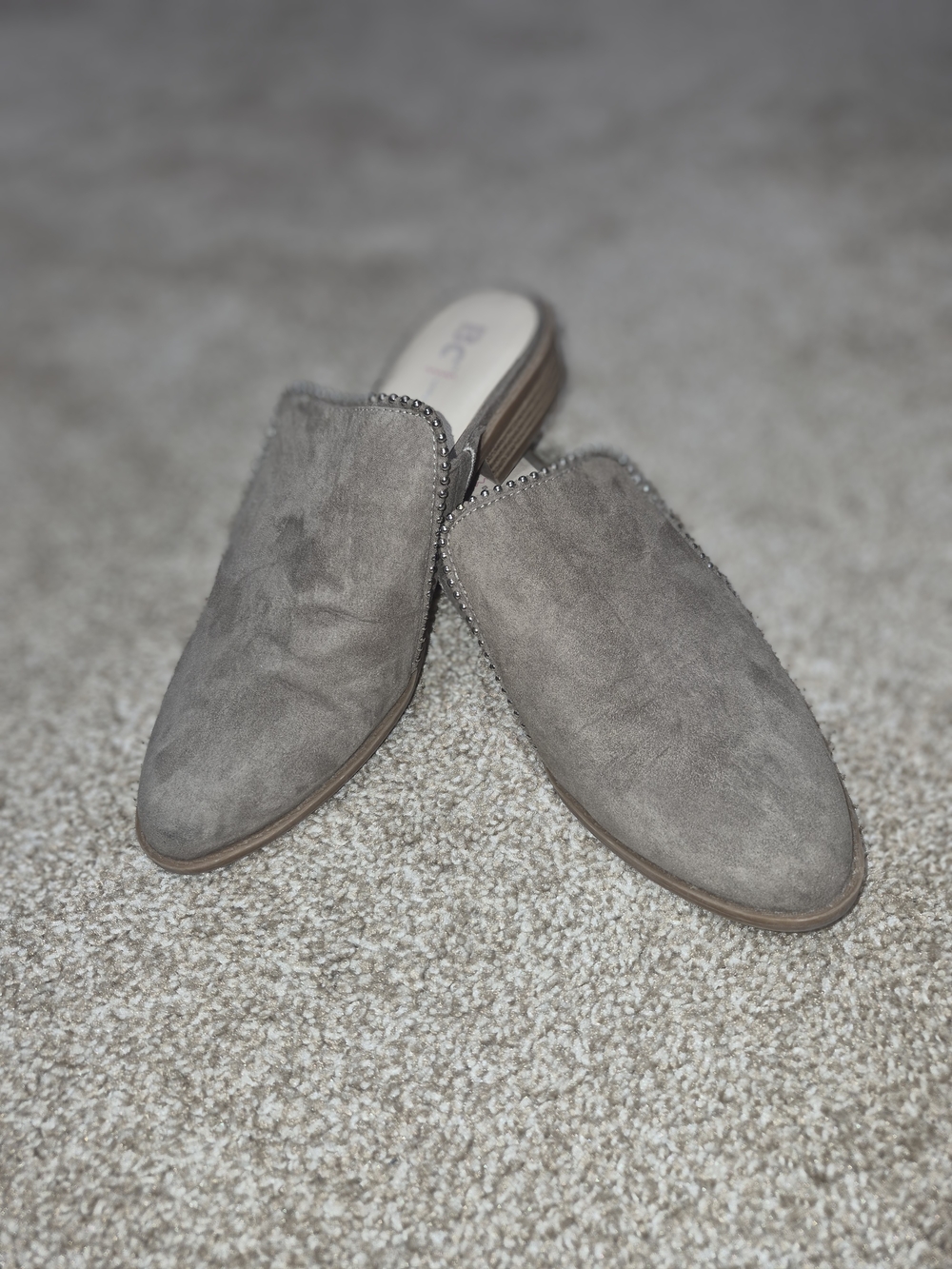 BC Footwear Taupe Suede Slip-On Mules with Studded Trim